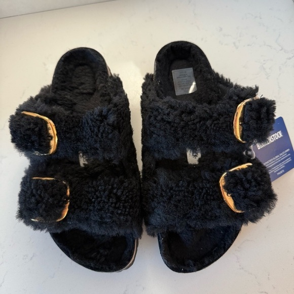 Birkenstock Arizona Big Buckle Shearling Slide Sandals Black Size 7 NIB - Picture 2 of 5